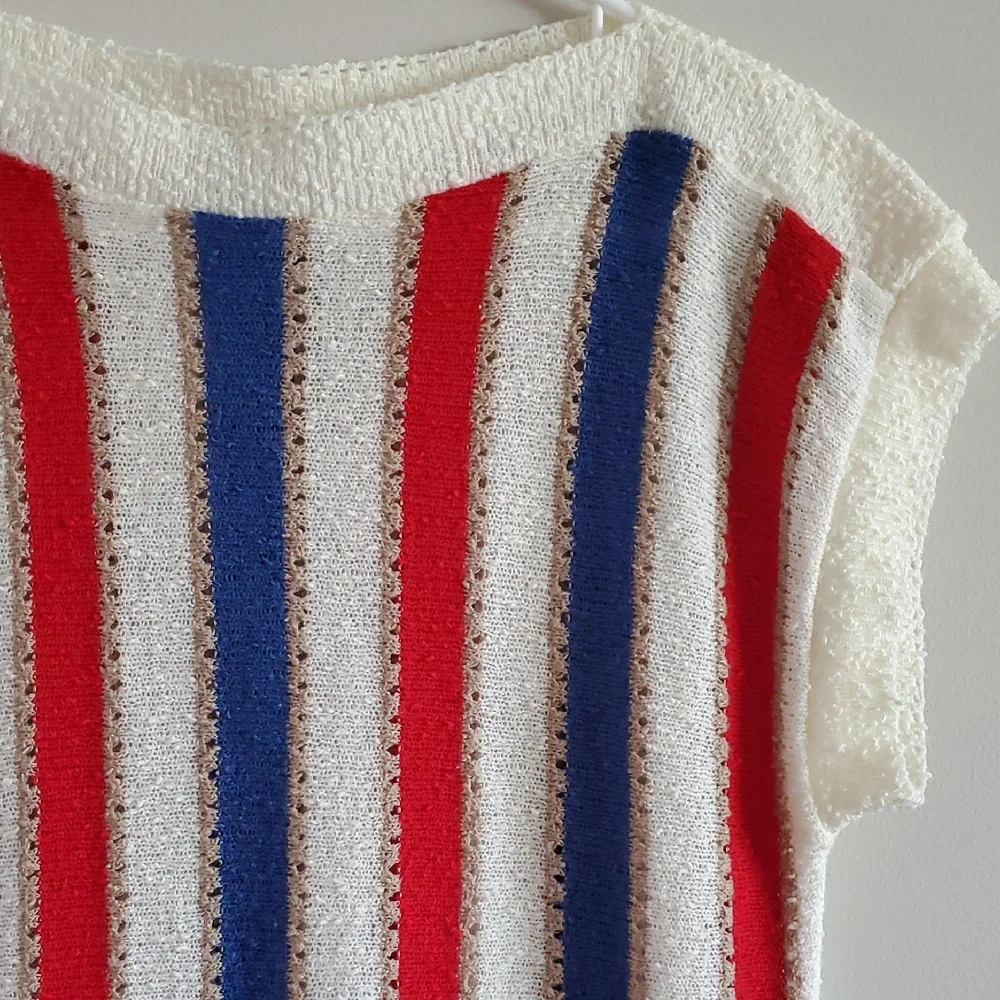 Vintage D'allaird's Cream Sleeveless Knit Sweater Top Red & Blue Stripes Sz M - Picture 3 of 11